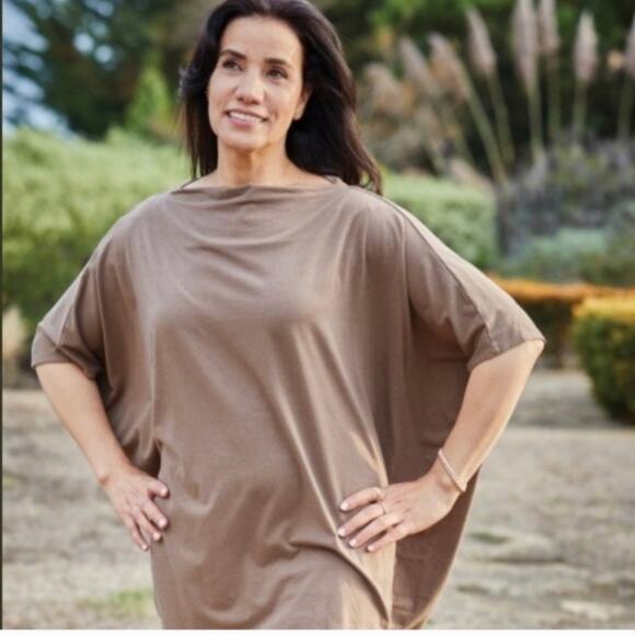 Bryn Walker Green&Brown Leaf Print Cowl Neck Dolman Sleeve Poncho Blouse Sz.L - Picture 2 of 11